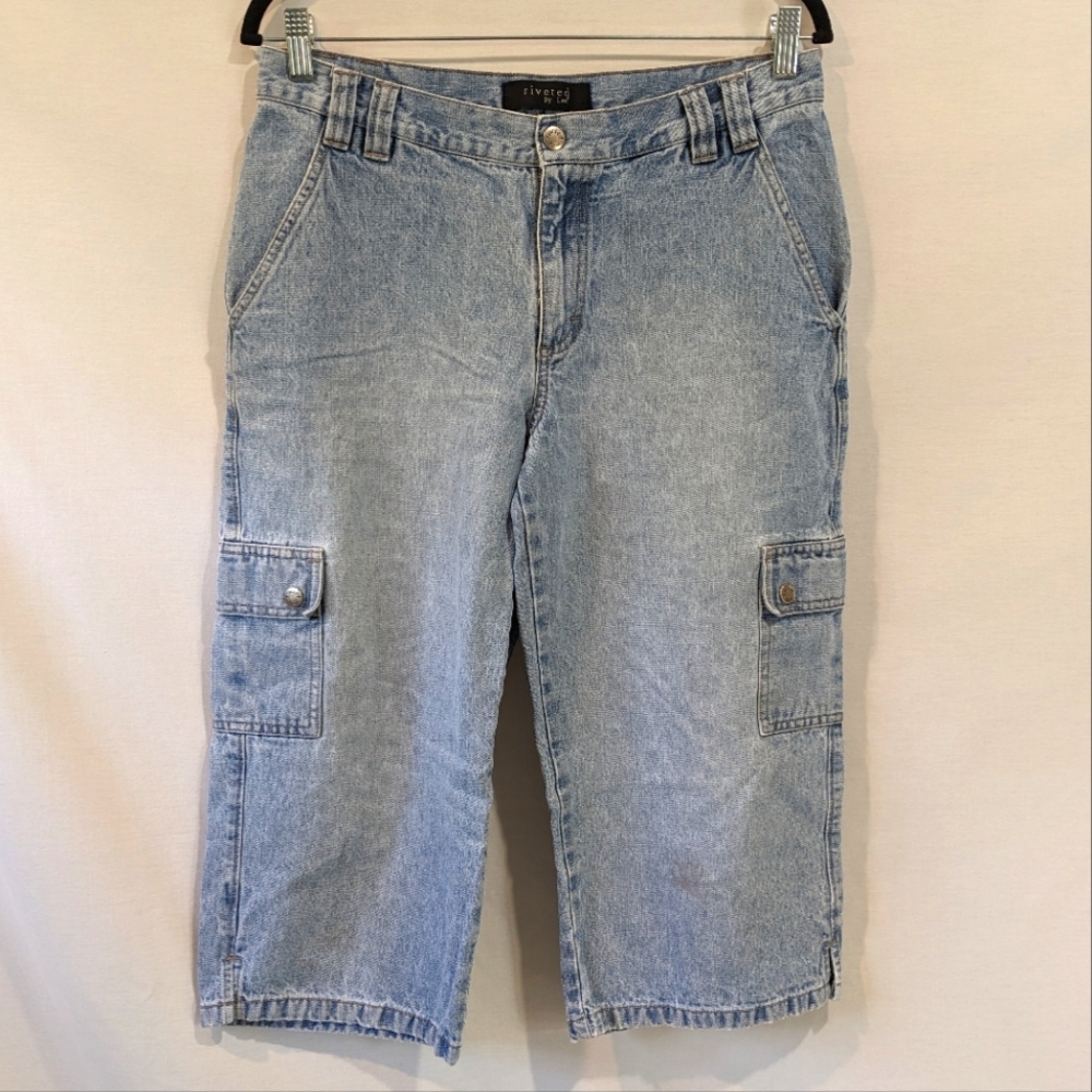 Vintage Riveted By Lee Cargo Denim Jean Cargo Capris Size 10 Medium